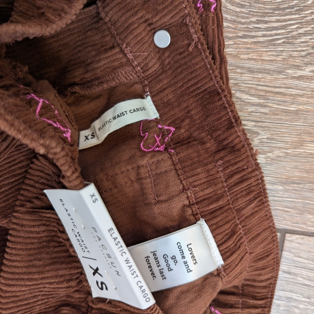 PacSun Heartbreaker Brown Corduroy Cargo Pants Size XS Elastic Waist Straight - Picture 10 of 11